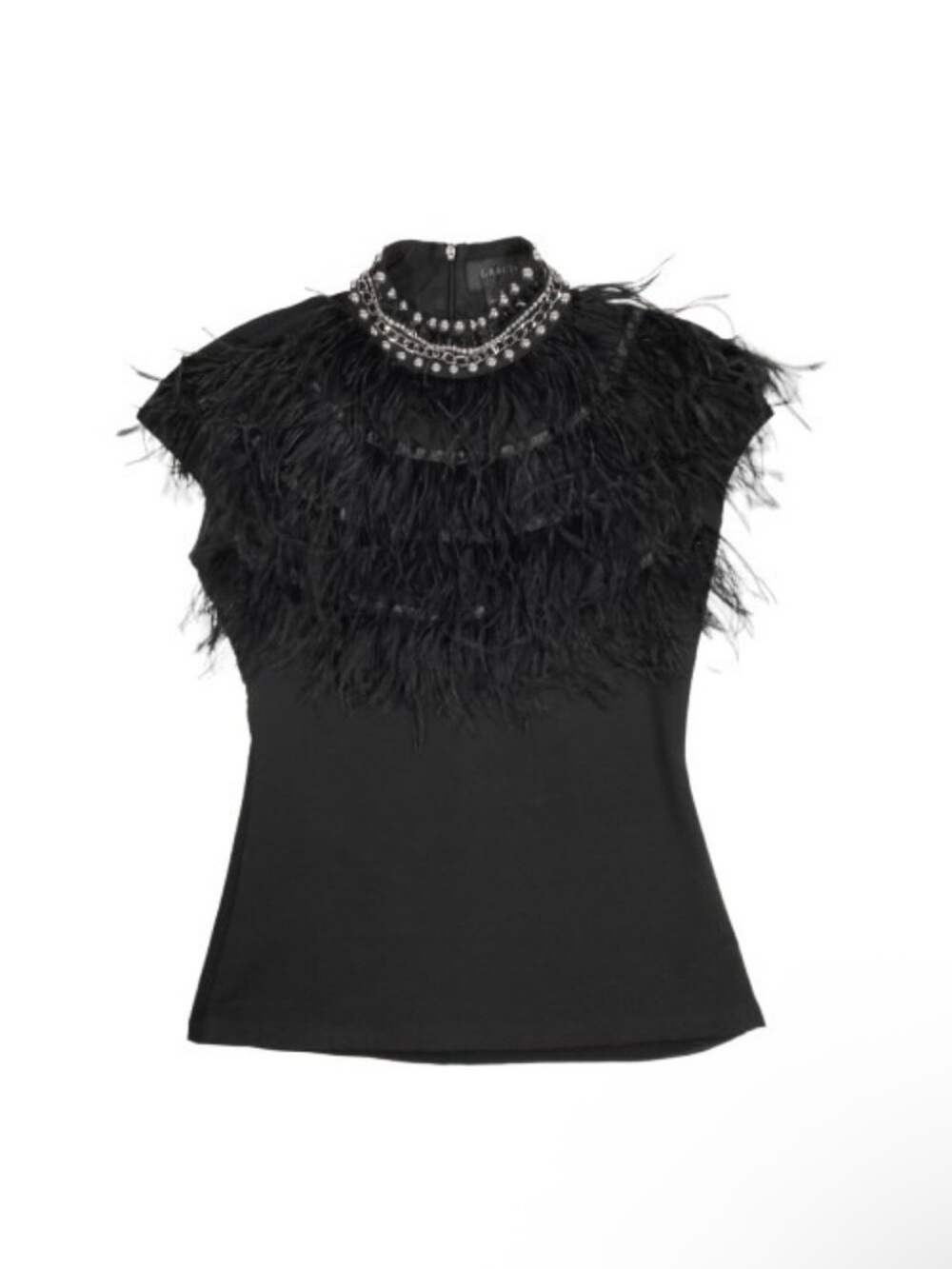 Gracia Embellished Blouse
Ostrich Feather Mesh Back Goth size M